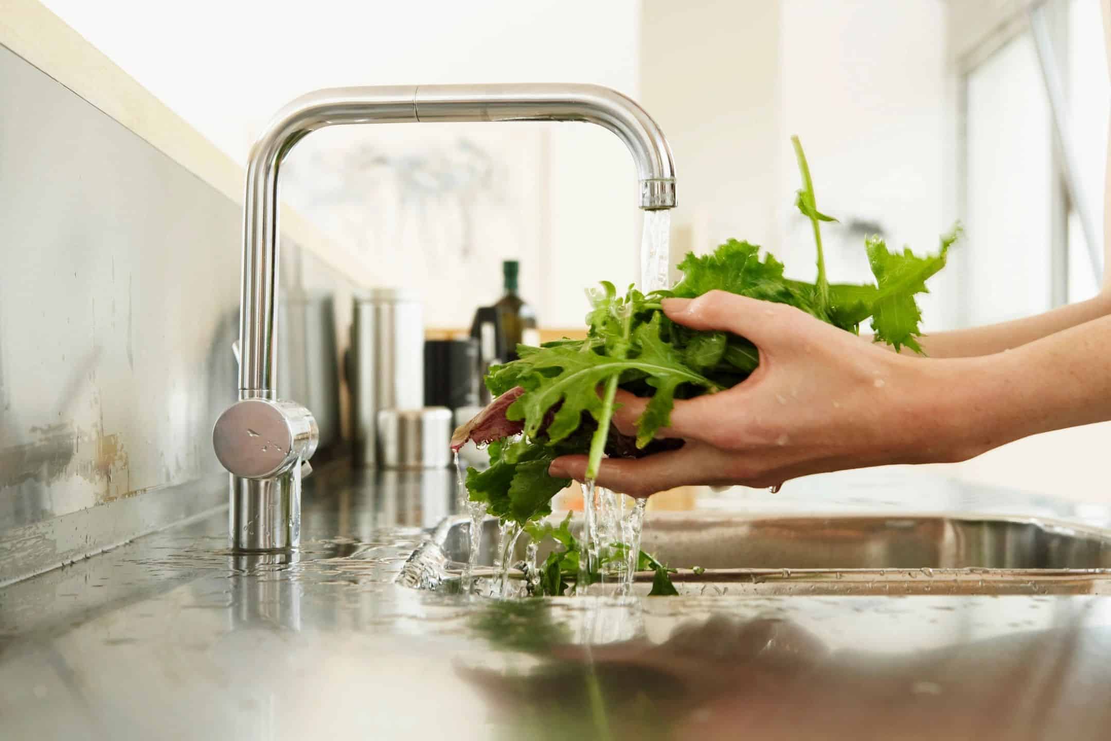 hands rinsing leafy greens