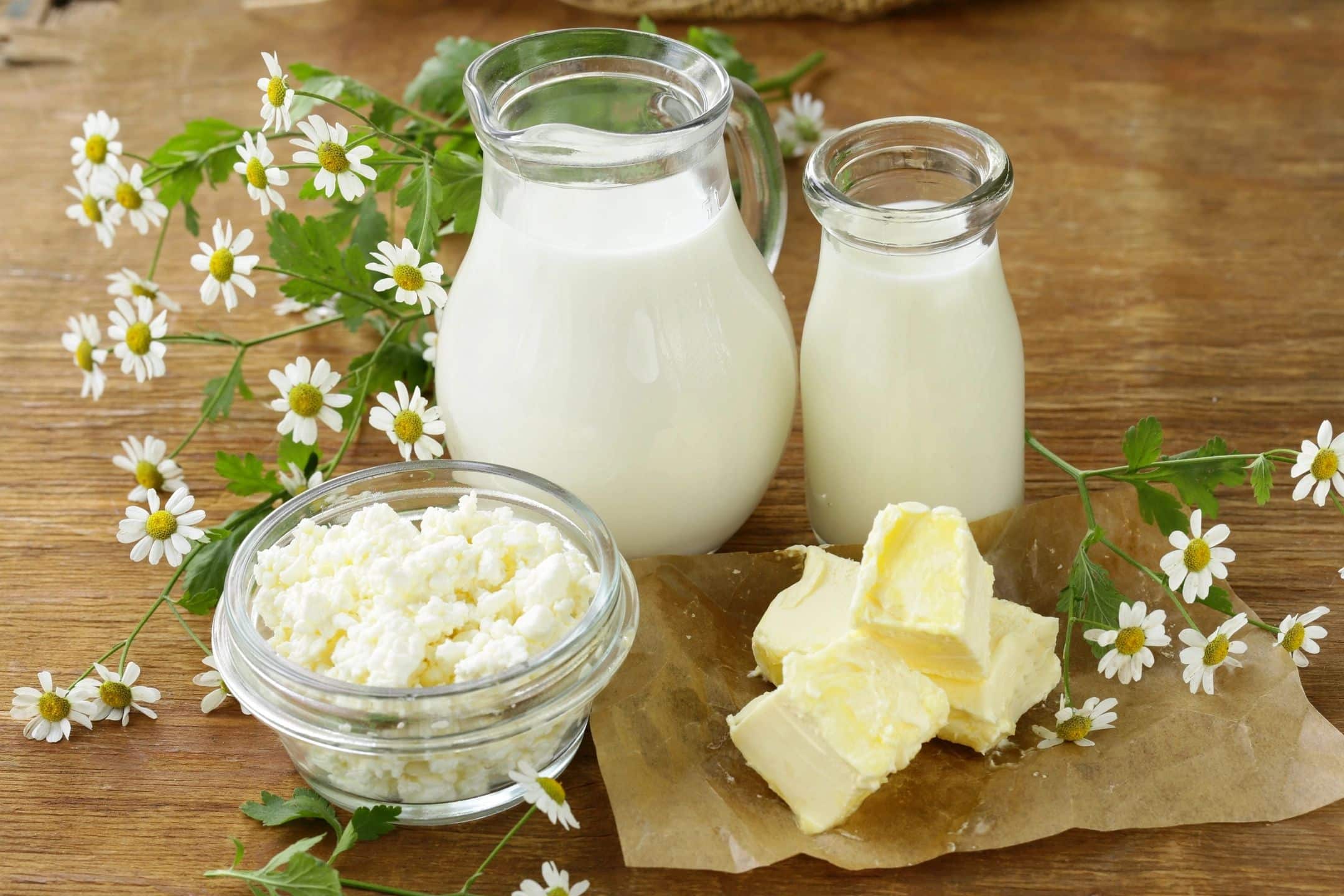 Two jugs of milk, butter and cottage cheese